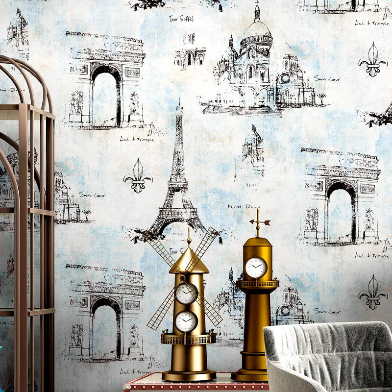 Tapete für Kaffee- und Ankleidezimmer, Eiffelturm und traditionelle europäische Gebäude, 33' x 20,5", nicht geklebt Clearhalo