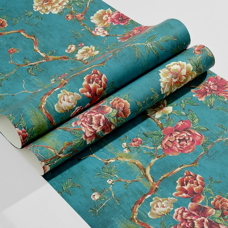 Tapete mit blühenden Pfingstrosen, rustikale Wandverkleidung aus Papier Pastellfarben Clearhalo