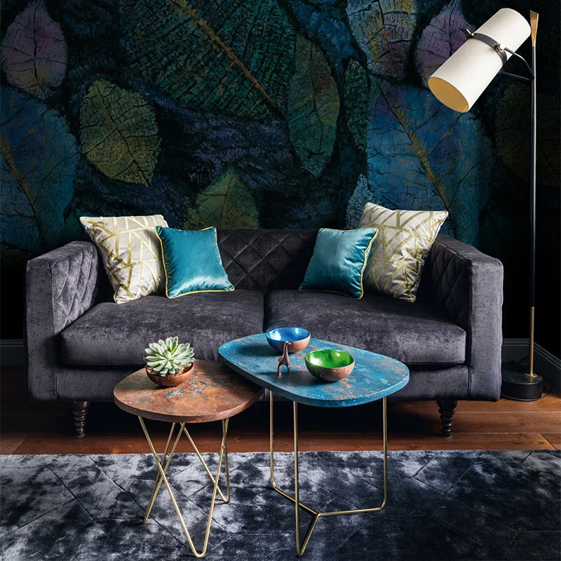 Tapete mit verstreuten Blättern Aqua, schmutzabweisende Wandverkleidung für das Wohnzimmer Clearhalo