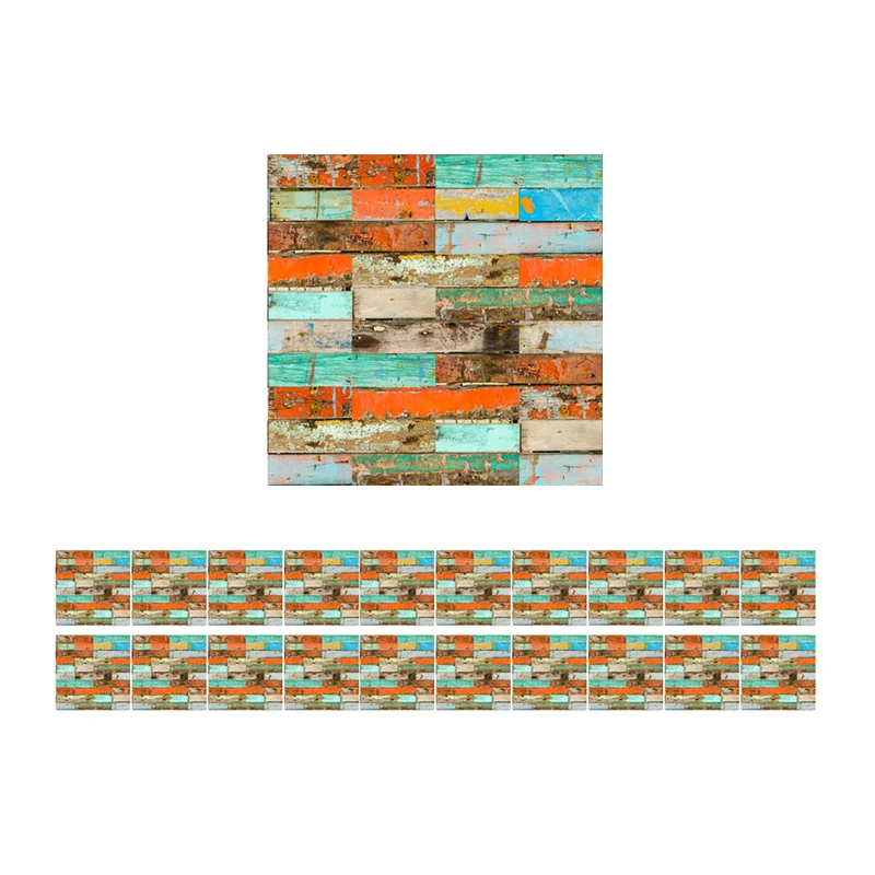Tapetenbahnen aus wiedergewonnenem, bemaltem Holz, orange-blaue ländliche Wandverkleidung für Zuhause, Pick-Up-Sticks Clea...