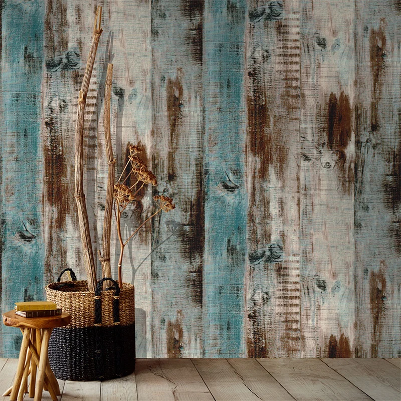 Tapetenrolle aus Holz im Used-Look, braun und blau, Bauernhaus-Wandkunst für Zuhause, zum Aufkleben Clearhalo