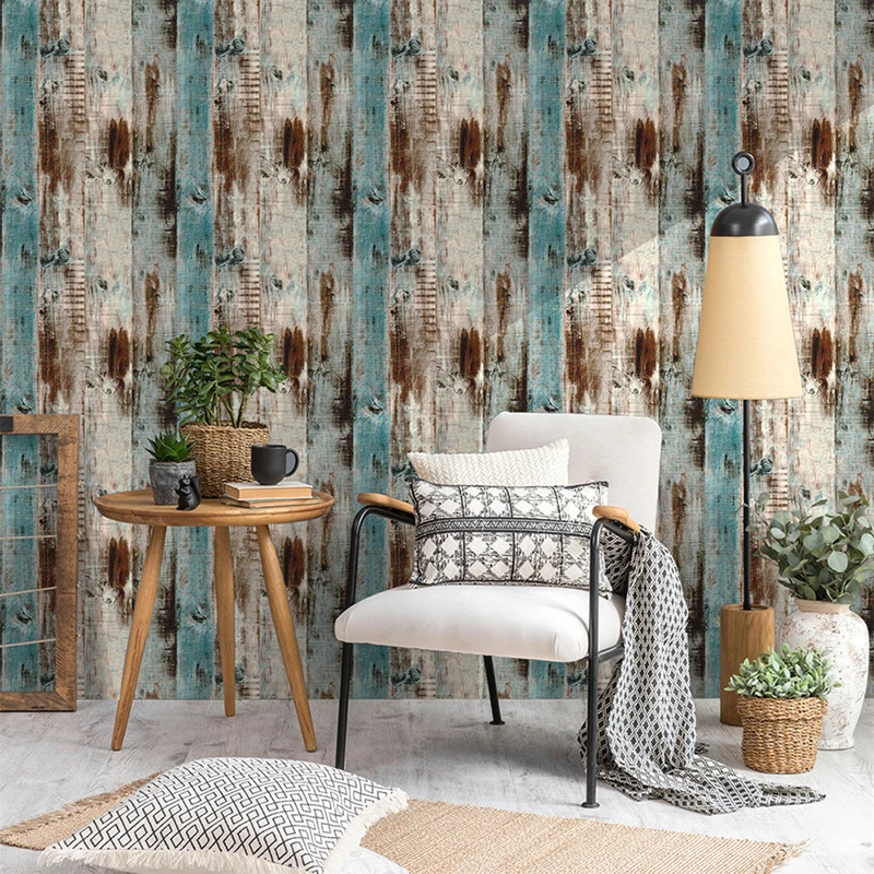 Tapetenrolle aus Holz im Used-Look, braun und blau, Bauernhaus-Wandkunst für Zuhause, zum Aufkleben Clearhalo