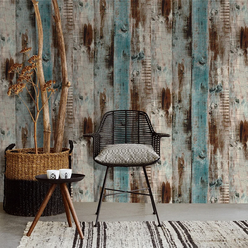 Tapetenrolle aus Holz im Used-Look, braun und blau, Bauernhaus-Wandkunst für Zuhause, zum Aufkleben Clearhalo