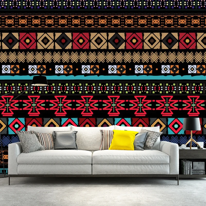 Tapetenwandbilder mit nahtlosen Quadraten, Rot-Gelb-Blau, böhmische Wandkunst für das Wohnzimmer Clearhalo