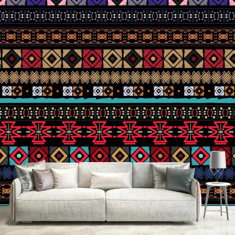 Tapetenwandbilder mit nahtlosen Quadraten, Rot-Gelb-Blau, böhmische Wandkunst für das Wohnzimmer Clearhalo