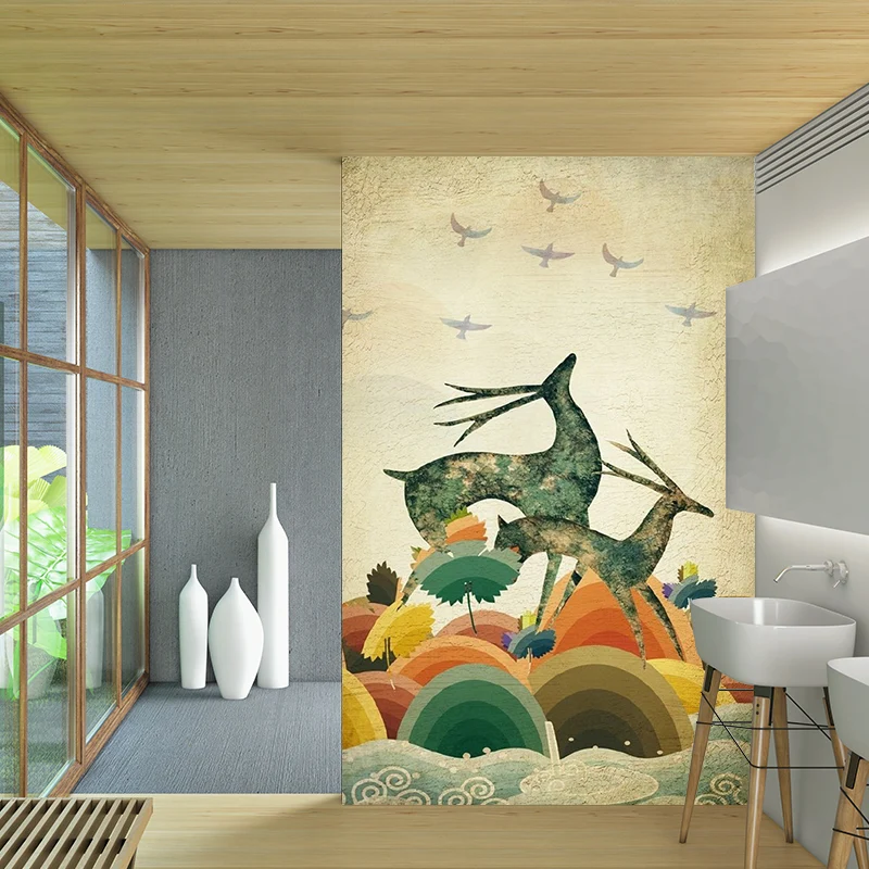 Tapetenwandbilder „Wilde Landhirsch“ Beige, skandinavische Wanddekoration für das Wohnzimmer Clearhalo
