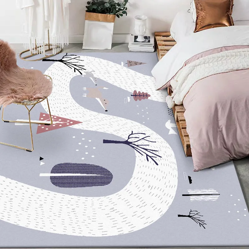 Teppich für Kinderzimmer Grau, schmutzabweisender Teppich aus Polyester mit „Cars & Roads“-Fuchsbaum-Aufdruck Clearhalo