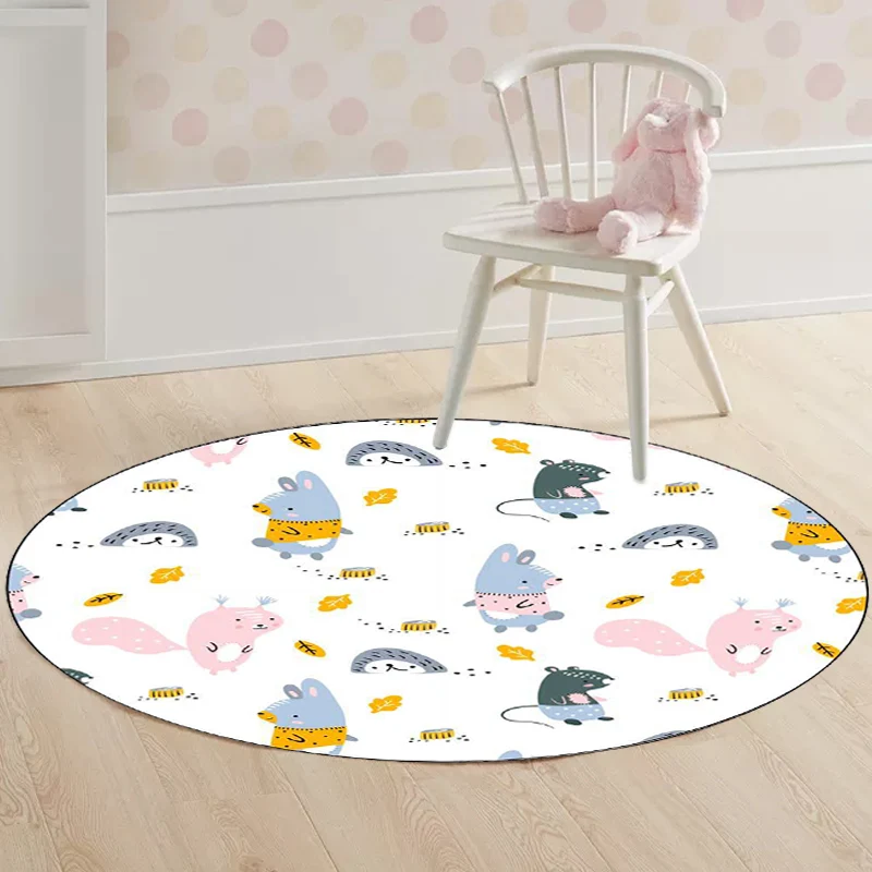 Teppich für Kinderzimmer Weiß mit Tier-Kaninchen-Igel-Blatt-Aufdruck, Polyester, maschinenwaschbar, haustierfreundlicher T...