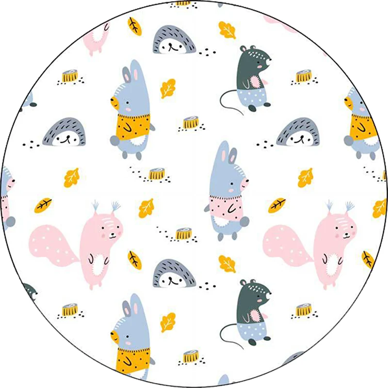 Teppich für Kinderzimmer Weiß mit Tier-Kaninchen-Igel-Blatt-Aufdruck, Polyester, maschinenwaschbar, haustierfreundlicher T...