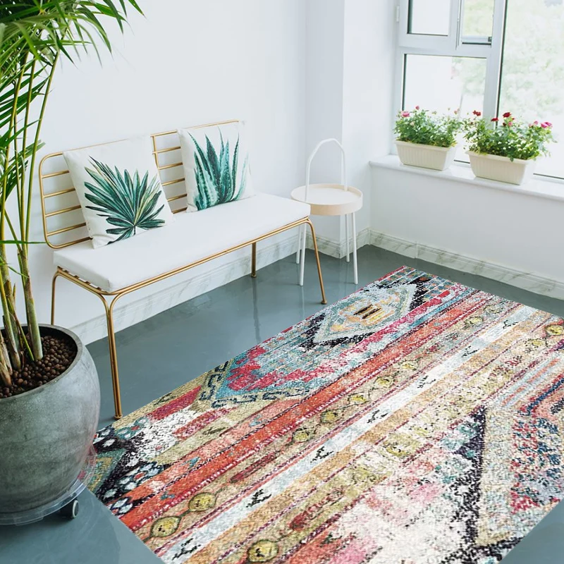 Teppich mit böhmischem Stammesmuster, mehrfarbiger Polyester-Teppich, maschinenwaschbarer, rutschfester Teppich für das Wo...