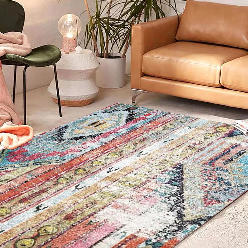 Teppich mit böhmischem Stammesmuster, mehrfarbiger Polyester-Teppich, maschinenwaschbarer, rutschfester Teppich für das Wo...