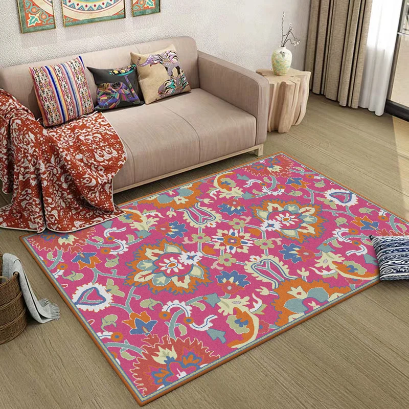 Teppich mit mediterranem Blumenmuster, rosa Polyester-Teppich, maschinenwaschbarer, rutschfester Teppich für das Wohnzimme...
