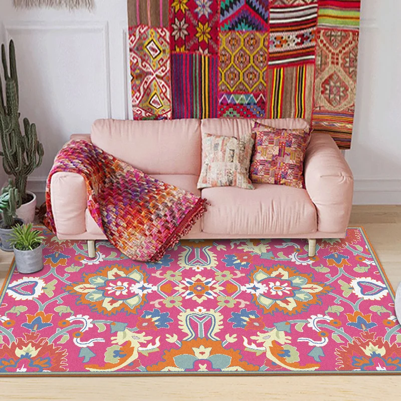 Teppich mit mediterranem Blumenmuster, rosa Polyester-Teppich, maschinenwaschbarer, rutschfester Teppich für das Wohnzimme...