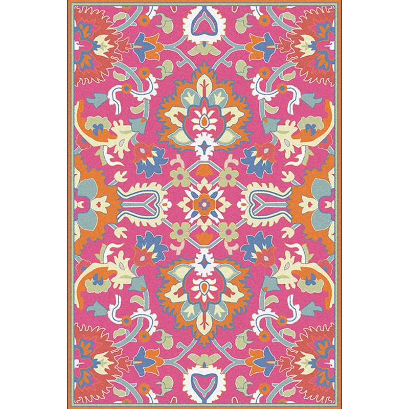 Teppich mit mediterranem Blumenmuster, rosa Polyester-Teppich, maschinenwaschbarer, rutschfester Teppich für das Wohnzimme...