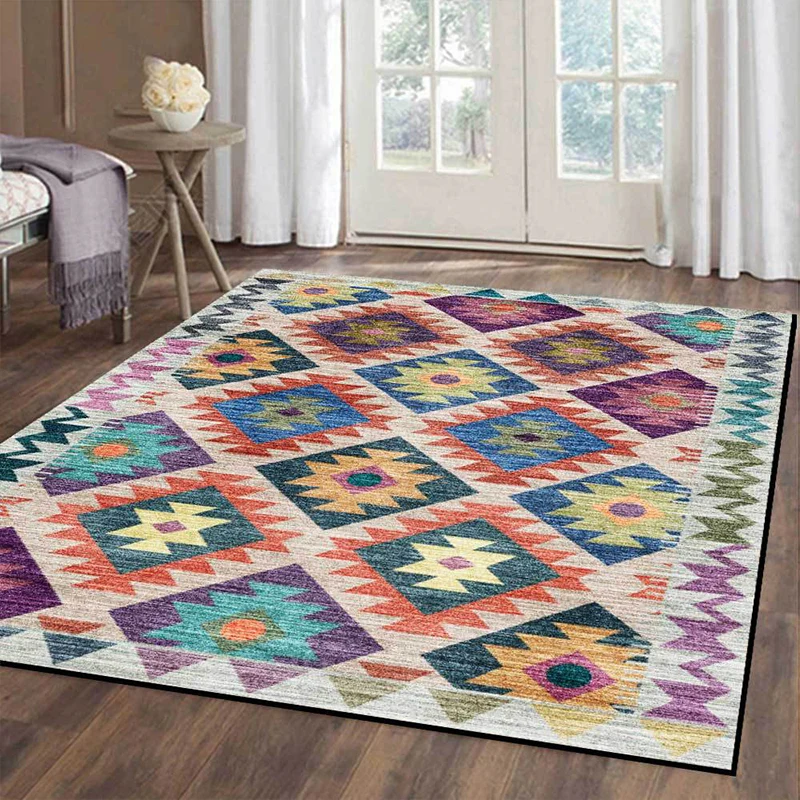 Teppich mit mediterranem Karomuster, mehrfarbiger Polyester-Teppich, maschinenwaschbarer, rutschfester Teppich für das Woh...