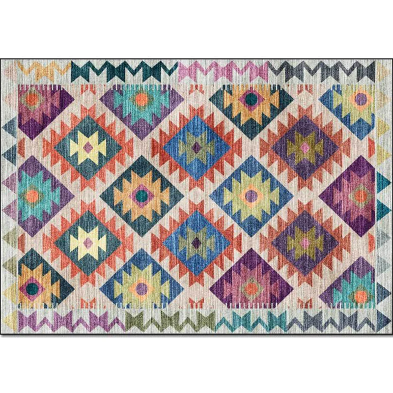 Teppich mit mediterranem Karomuster, mehrfarbiger Polyester-Teppich, maschinenwaschbarer, rutschfester Teppich für das Woh...