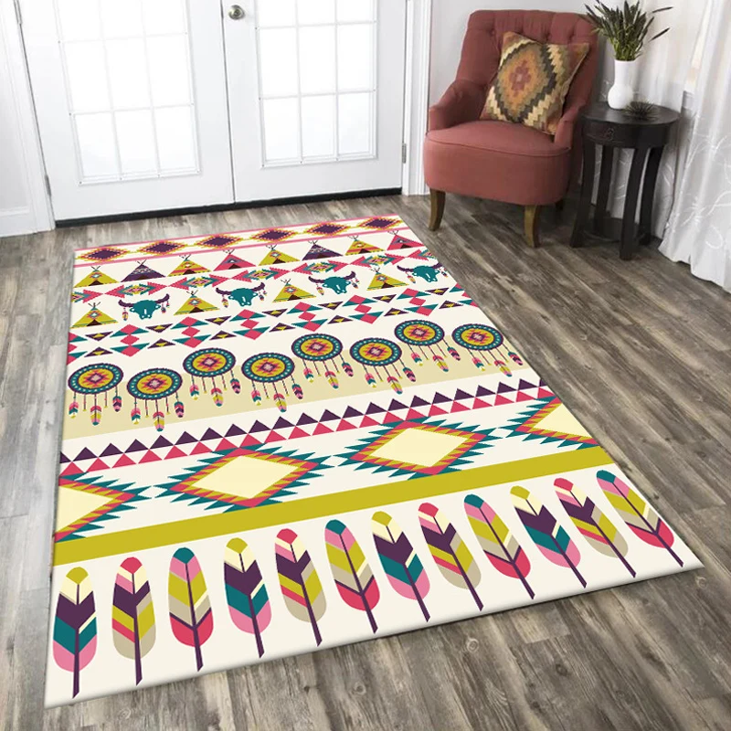 Teppich mit Stammes-Kuhmuster und Federn, gelber Polyester-Teppich, maschinenwaschbarer, rutschfester Teppich für das Schl...