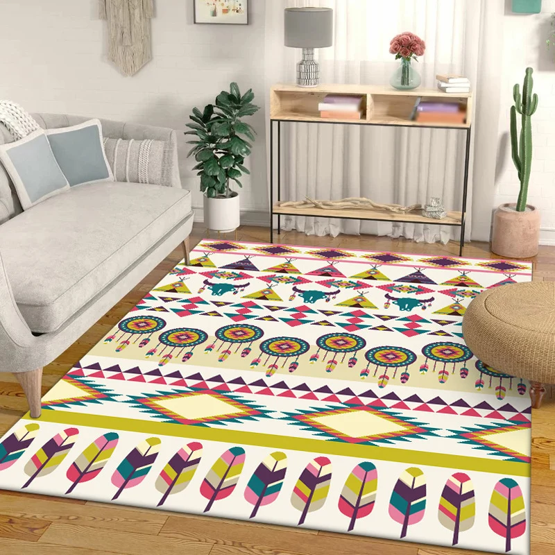 Teppich mit Stammes-Kuhmuster und Federn, gelber Polyester-Teppich, maschinenwaschbarer, rutschfester Teppich für das Schl...