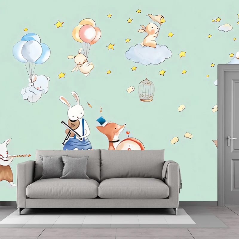 Tierparty-Wandpapier-Wandbilder, Cartoon-Wandkunst aus Vliesstoff Pastellfarben Clearhalo