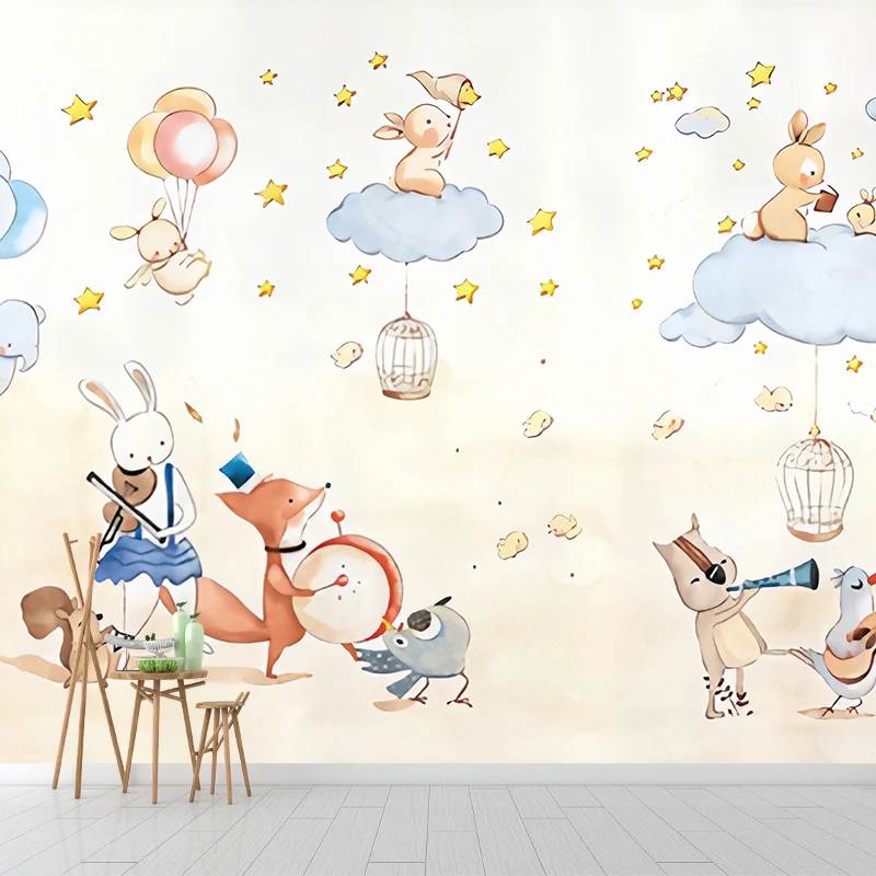 Tierparty-Wandpapier-Wandbilder, Cartoon-Wandkunst aus Vliesstoff Pastellfarben Clearhalo