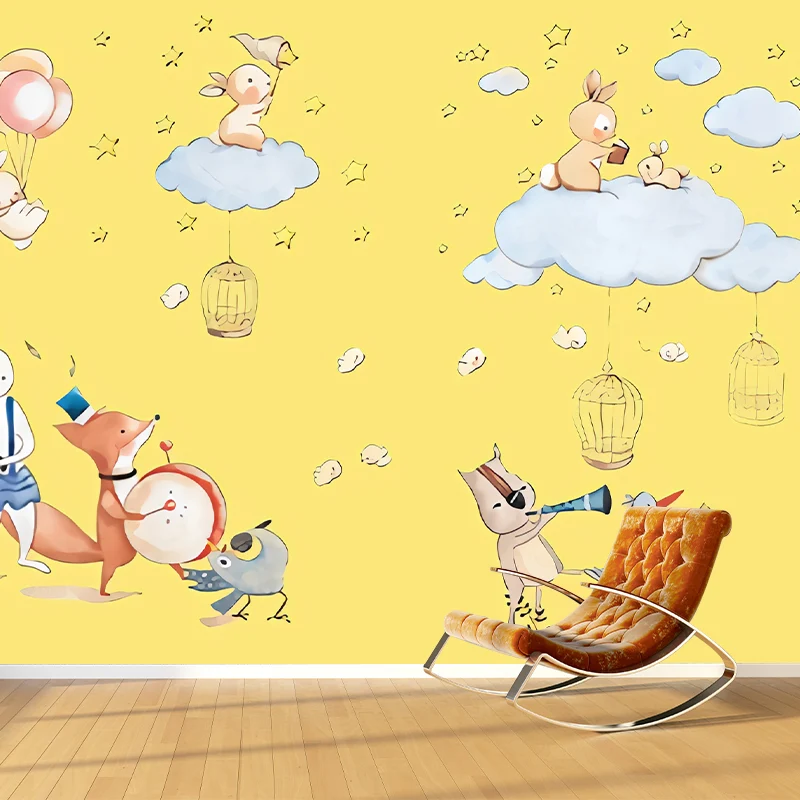 Tierparty-Wandpapier-Wandbilder, Cartoon-Wandkunst aus Vliesstoff Pastellfarben Clearhalo
