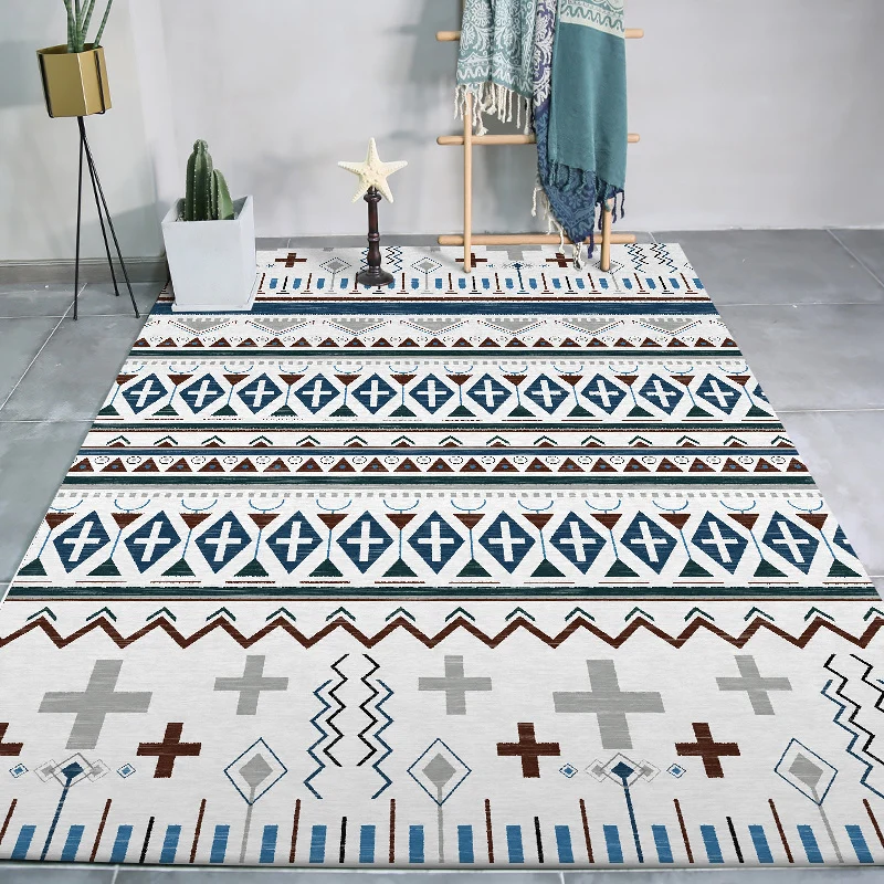 Tribal-Teppich im Südwesten mit weißem Geometrie-Kreuzmuster-Teppich, haustierfreundlicher Polyester-Teppich für die Heimd...