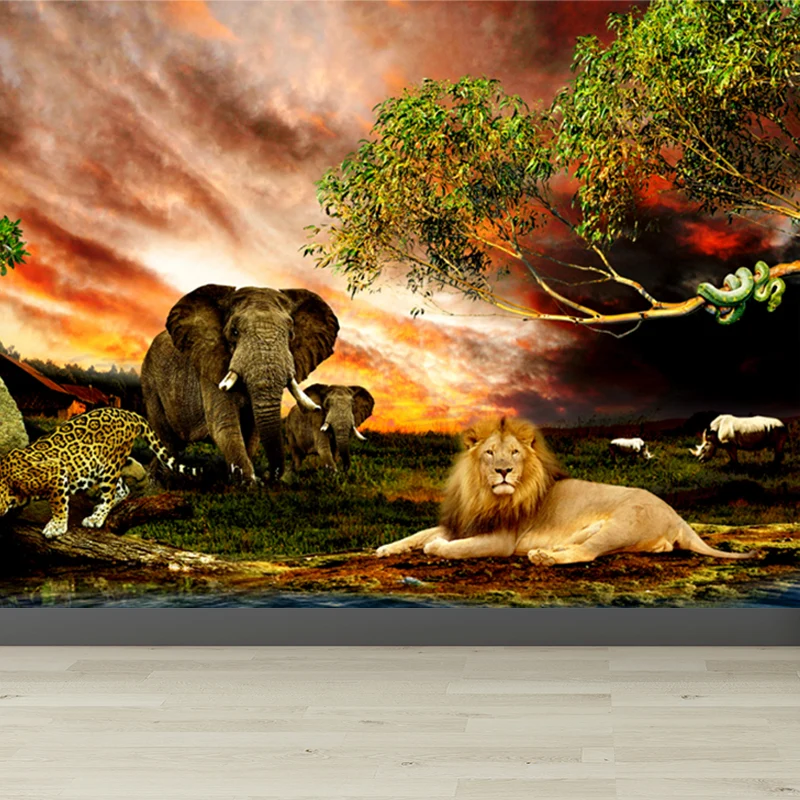 Tropen-Flussufer-Savanne-Tiere-Wandbild, brauner Sonnenuntergang, leuchtende Wandkunst für das Wohnzimmer Clearhalo
