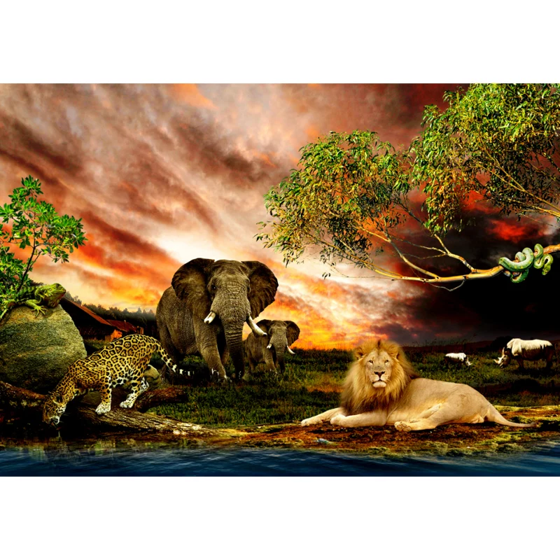 Tropen-Flussufer-Savanne-Tiere-Wandbild, brauner Sonnenuntergang, leuchtende Wandkunst für das Wohnzimmer Clearhalo
