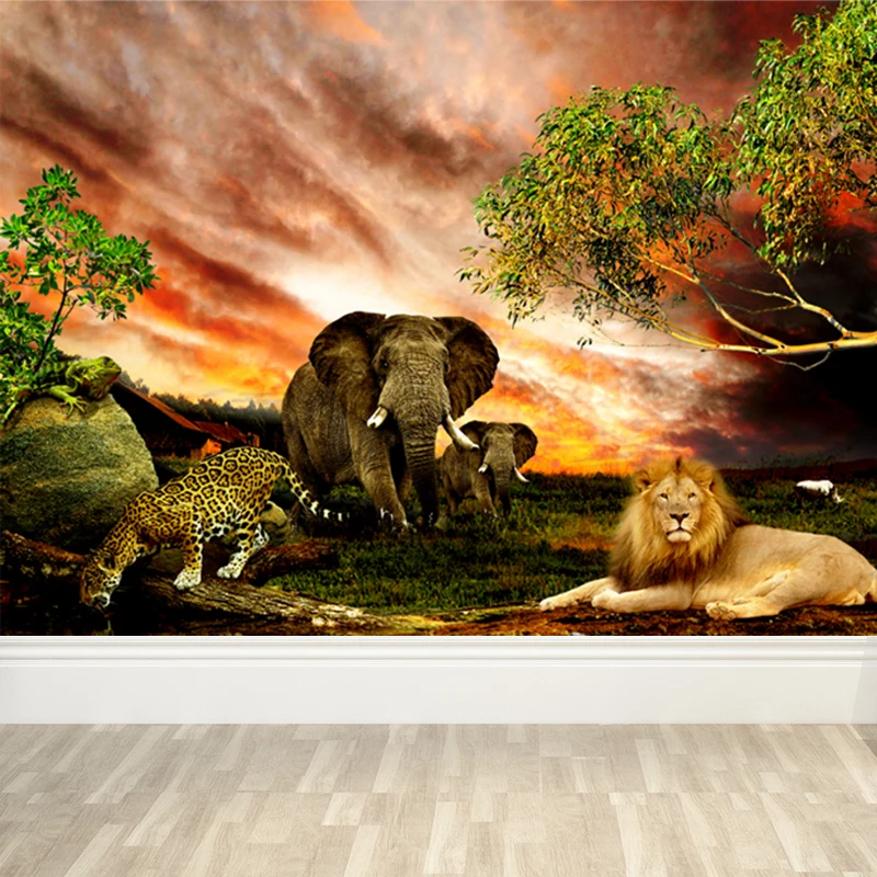 Tropen-Flussufer-Savanne-Tiere-Wandbild, brauner Sonnenuntergang, leuchtende Wandkunst für das Wohnzimmer Clearhalo