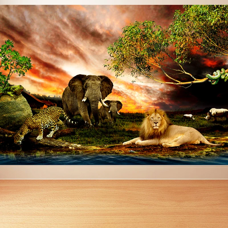 Tropen-Flussufer-Savanne-Tiere-Wandbild, brauner Sonnenuntergang, leuchtende Wandkunst für das Wohnzimmer Clearhalo