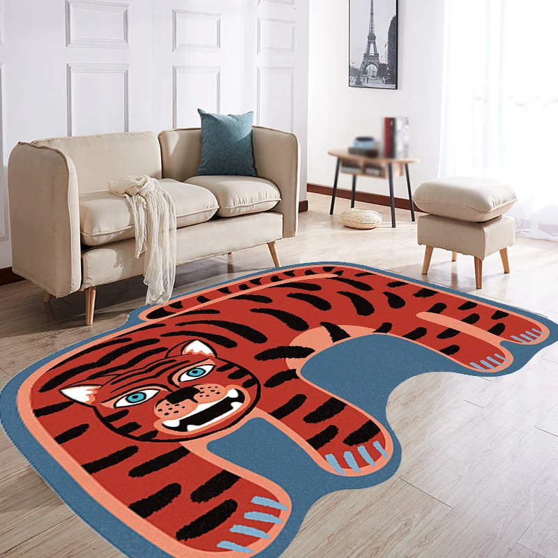 Unregelmäßiger Kinder-Schlafzimmerteppich Rot und Braun, Tier-Tiger, Löwe, Leopardenmuster, Teppich aus Polyester mit ruts...