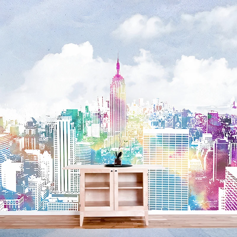 Urban Manhattan City View Murals Blau-Lila, feuchtigkeitsbeständige Wandkunst für das Wohnzimmer Clearhalo