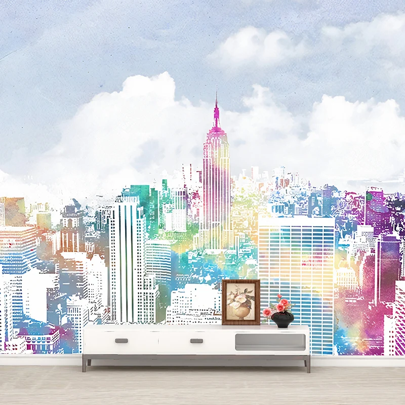 Urban Manhattan City View Murals Blau-Lila, feuchtigkeitsbeständige Wandkunst für das Wohnzimmer Clearhalo