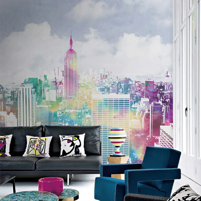 Urban Manhattan City View Murals Blau-Lila, feuchtigkeitsbeständige Wandkunst für das Wohnzimmer Clearhalo
