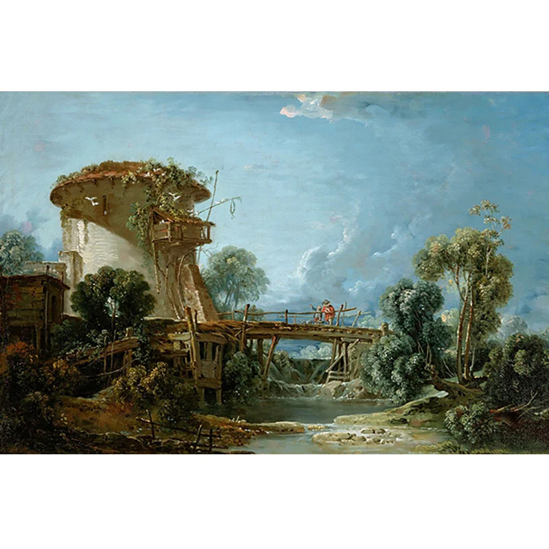 Vintage Art Old Bridge Murals Blaugrüne, schmutzabweisende Wandverkleidung für Schlafzimmer Clearhalo