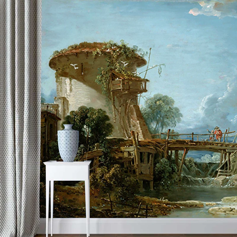 Vintage Art Old Bridge Murals Blaugrüne, schmutzabweisende Wandverkleidung für Schlafzimmer Clearhalo
