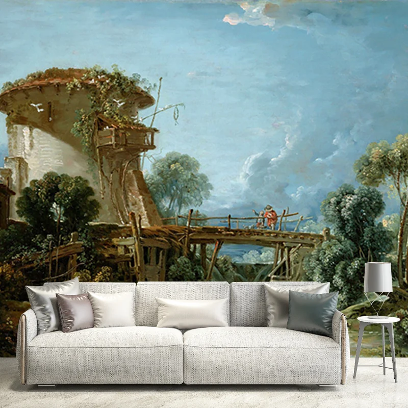 Vintage Art Old Bridge Murals Blaugrüne, schmutzabweisende Wandverkleidung für Schlafzimmer Clearhalo