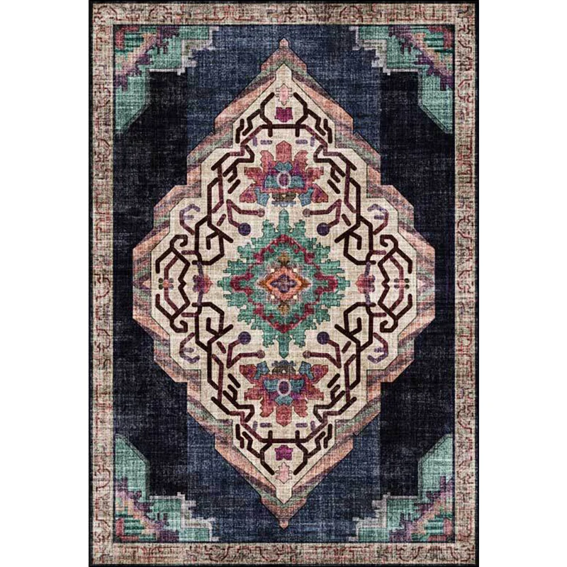 Vintage-Teppich mit Medaillon-Muster, schwarzer Polyester-Teppich, maschinenwaschbarer, rutschfester Teppich für das Wohnz...