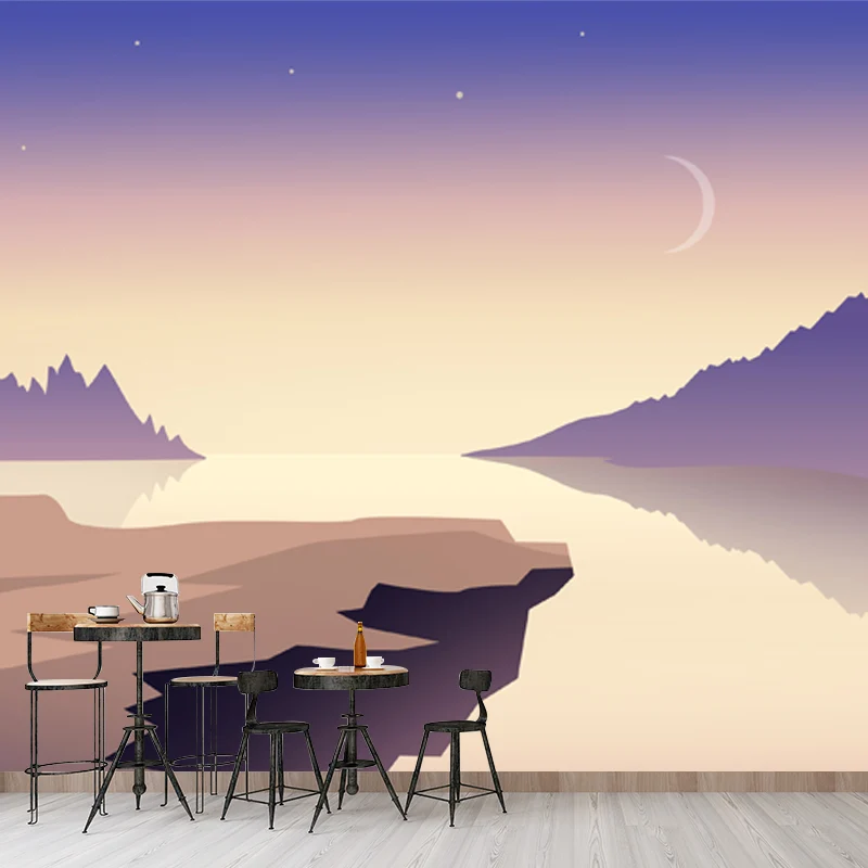 Vliesstoff, schmutzabweisend, moderner Fluss- und Mondnacht-Sternenhimmel-Druck, Wandkunst Lila-Gelb Clearhalo