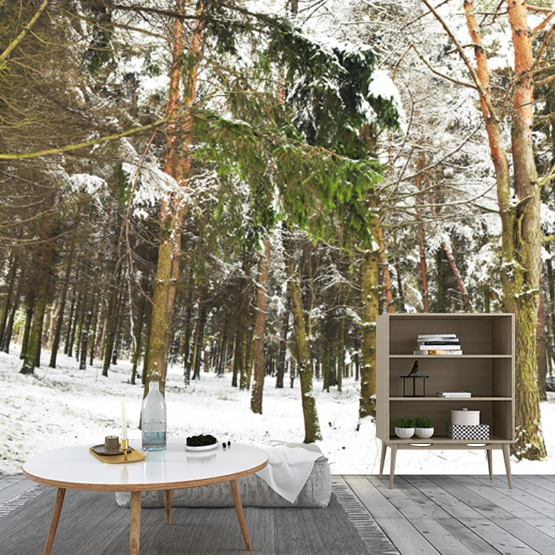 Vlieswaschbares Wandgemälde im modernen Stil, Landschaft im verschneiten Wald, Wanddekoration Grün Clearhalo