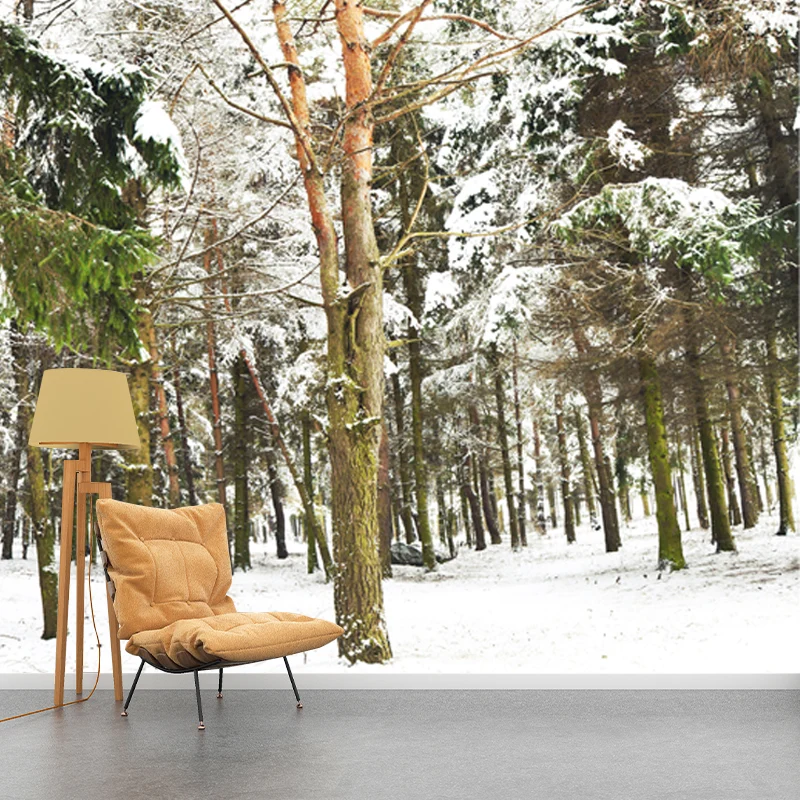 Vlieswaschbares Wandgemälde im modernen Stil, Landschaft im verschneiten Wald, Wanddekoration Grün Clearhalo