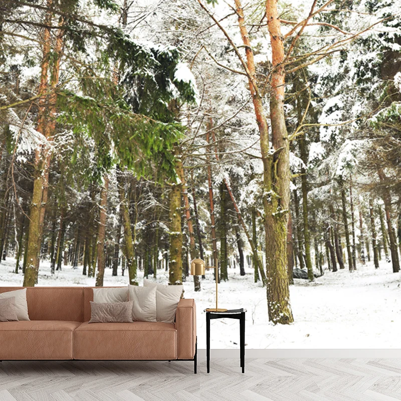 Vlieswaschbares Wandgemälde im modernen Stil, Landschaft im verschneiten Wald, Wanddekoration Grün Clearhalo