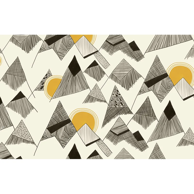Vollformatige Art-Deco-Wandgemälde-Tapete, gelb-schwarze Sonne hinter Kegelberg-Zeichnung, Wandverkleidung, individueller...