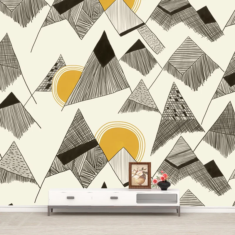 Vollformatige Art-Deco-Wandgemälde-Tapete, gelb-schwarze Sonne hinter Kegelberg-Zeichnung, Wandverkleidung, individueller...