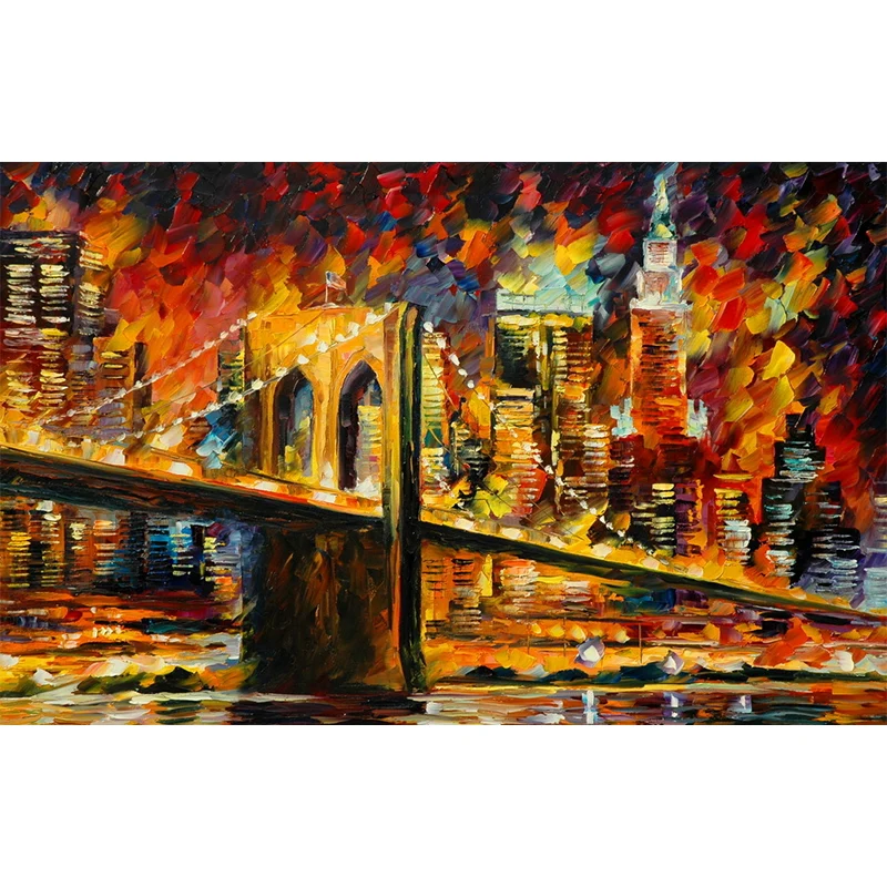 Vollformatige Illustration klassischer Wandgemälde mit Leonid-Afremov-Brücken-Böschungsmalereimuster Orange-Gelb Clearhalo