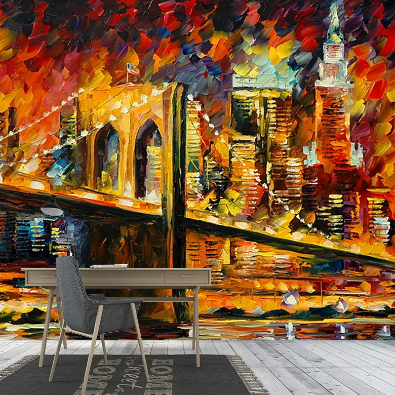 Vollformatige Illustration klassischer Wandgemälde mit Leonid-Afremov-Brücken-Böschungsmalereimuster Orange-Gelb Clearhalo