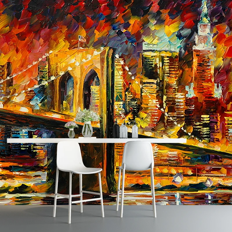 Vollformatige Illustration klassischer Wandgemälde mit Leonid-Afremov-Brücken-Böschungsmalereimuster Orange-Gelb Clearhalo