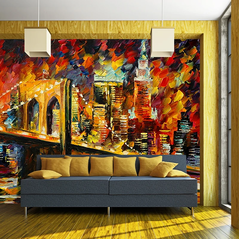 Vollformatige Illustration klassischer Wandgemälde mit Leonid-Afremov-Brücken-Böschungsmalereimuster Orange-Gelb Clearhalo