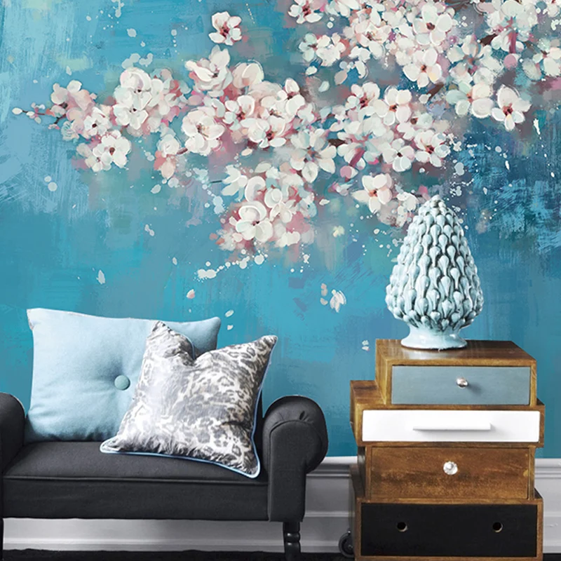 Vollgroßes Cluster-Blumen-Wandbild Rosa und Blau, Vliesstoff-Wandverkleidung für Akzentwände, individuelle Größe erhältlic...