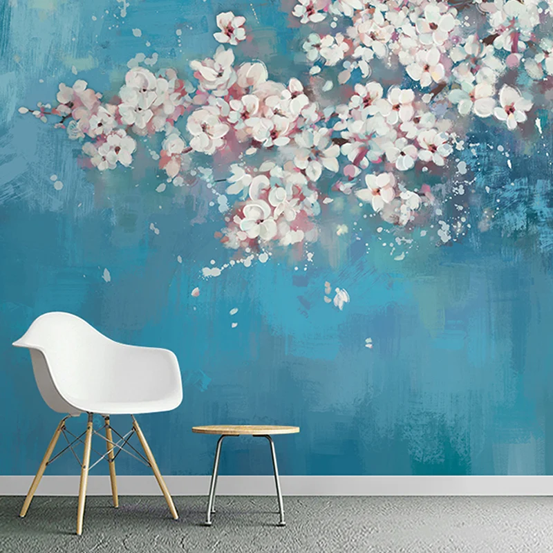 Vollgroßes Cluster-Blumen-Wandbild Rosa und Blau, Vliesstoff-Wandverkleidung für Akzentwände, individuelle Größe erhältlic...